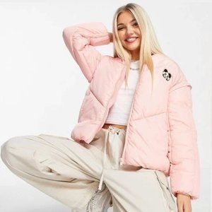 Native You Pink Puffer Jacket w/ Panda Embroidery Hooded, Padded, & Full Zip